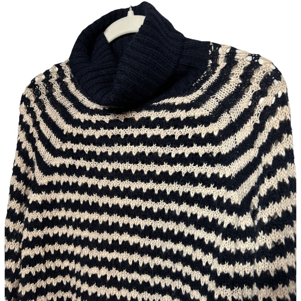 Tory Burch Wool Blend Turtleneck Sweater Navy Cream Stripe Gold TB Logo Sz Large